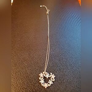 Silver Heart Pendant Necklace With Multicolored Stones And Pearl Accent On Clasp